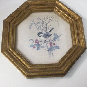 Vintage Homco Bird Berries Wall Print Gold Octagon Gold Plastic Frame 10"